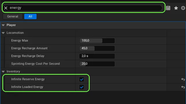 Island Settings Details panel filtered on "energy", with infinite reserve and loaded energy switched on