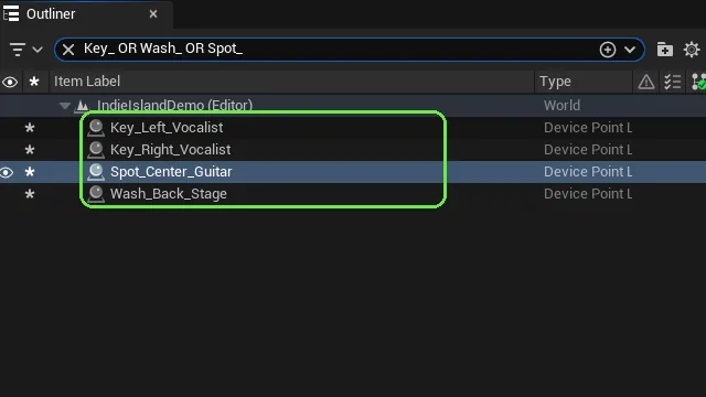 Outliner showing lights named by position and subject