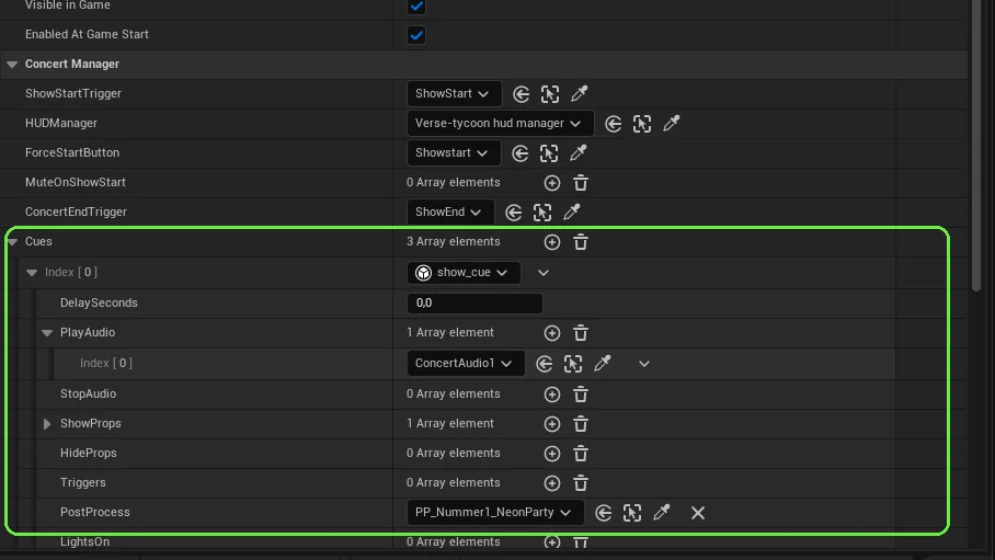 Details panel with the cue array expanded: timestamps, tracks, lights