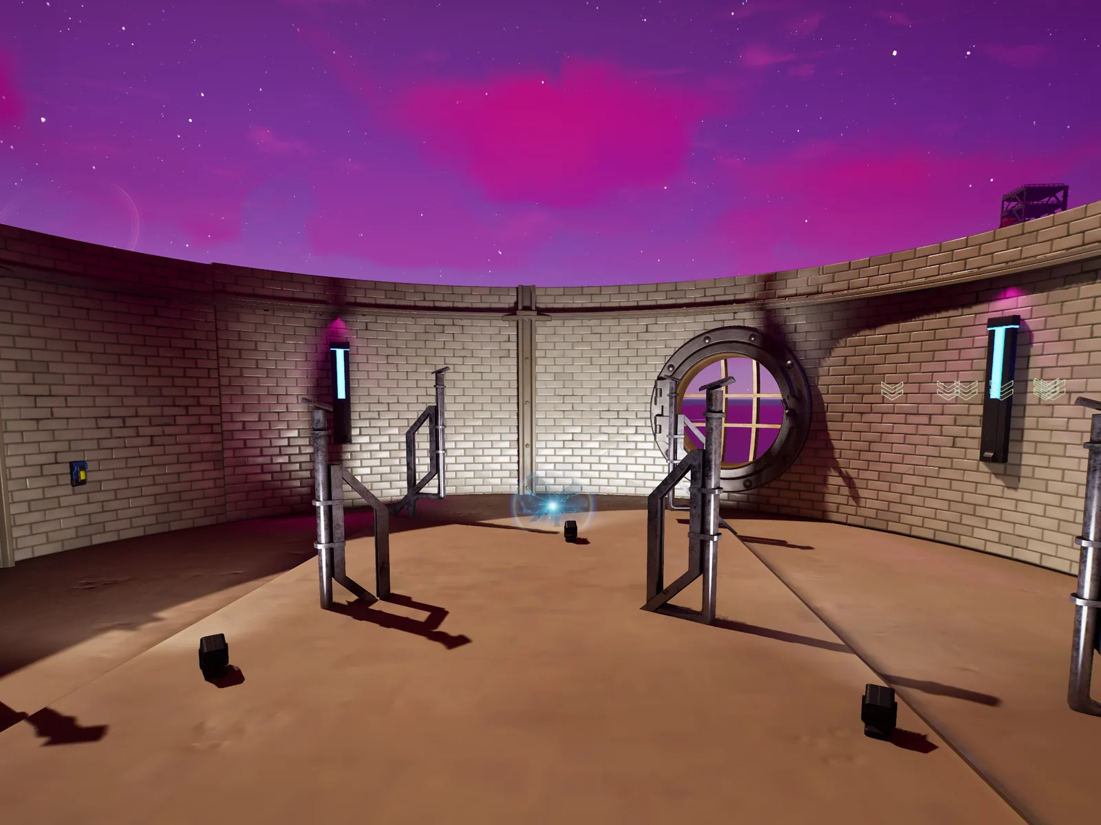 The lobby space with the exit door to the world in view