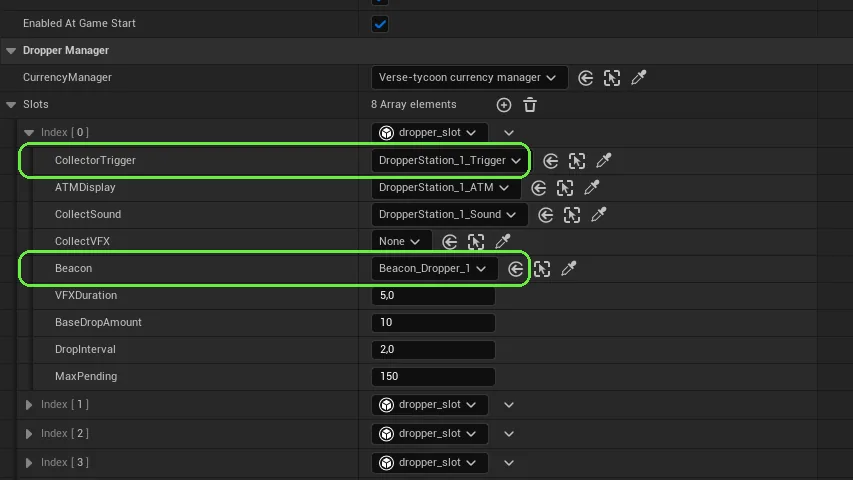 Details panel with the node array filled: trigger and beacon per entry