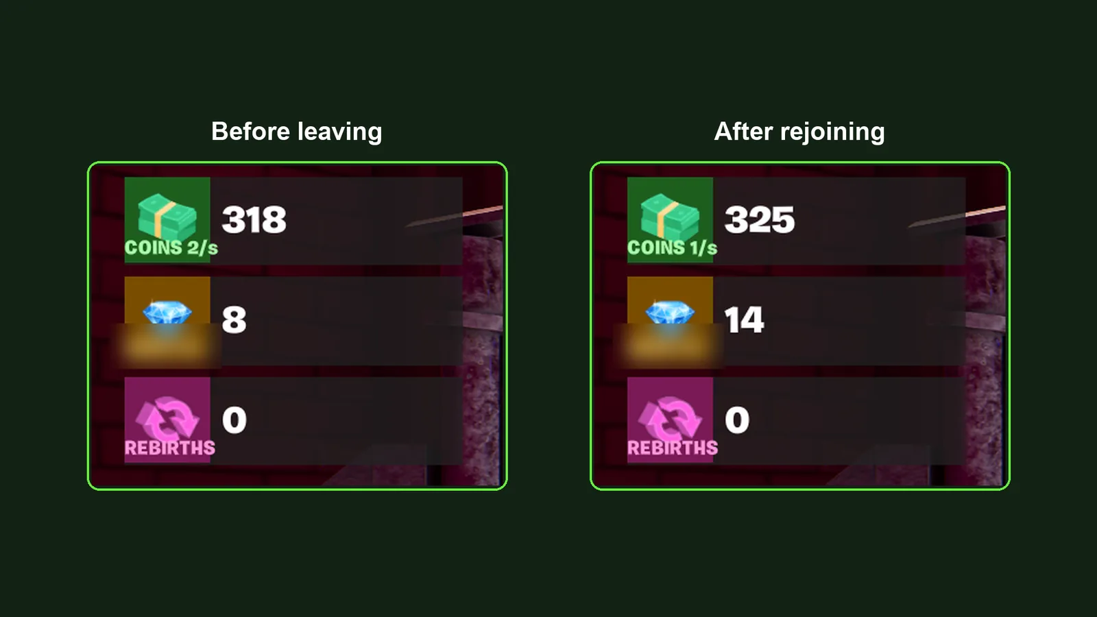 HUD currency panel before leaving and after rejoining: the saved values come back (plus a few seconds of passive income)