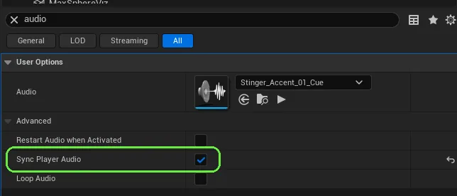 Audio Player Details panel with Sync Player Audio highlighted