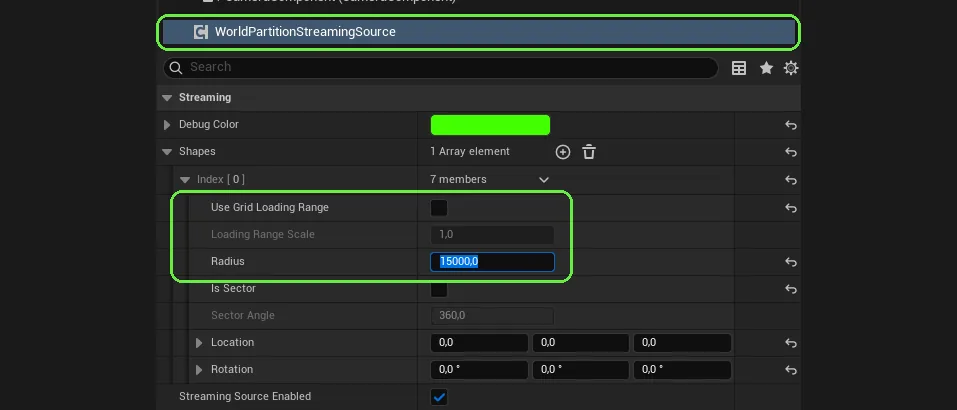 Cine Camera Actor with the streaming source component settings