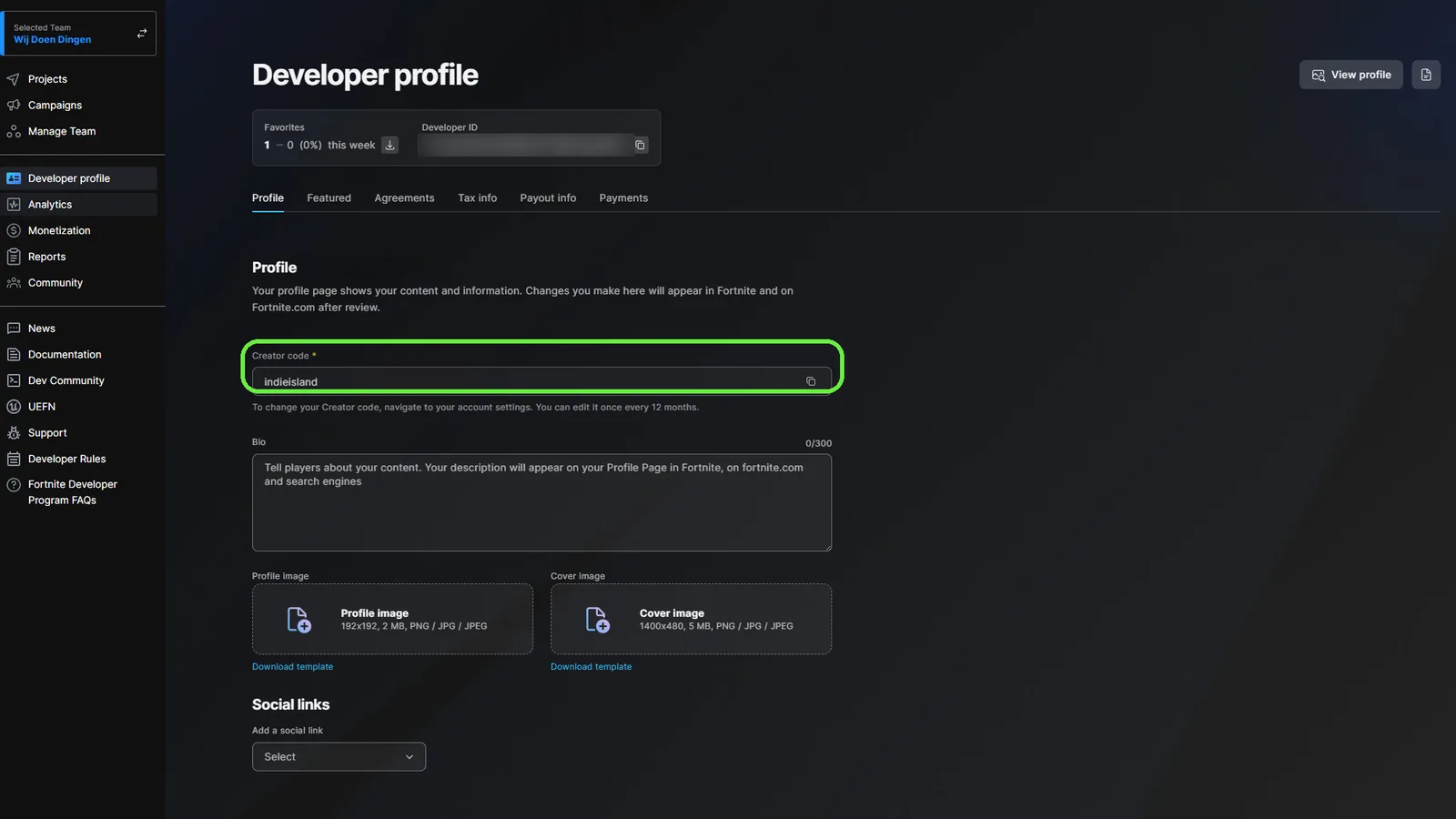 Creator Portal developer profile with the creator code field