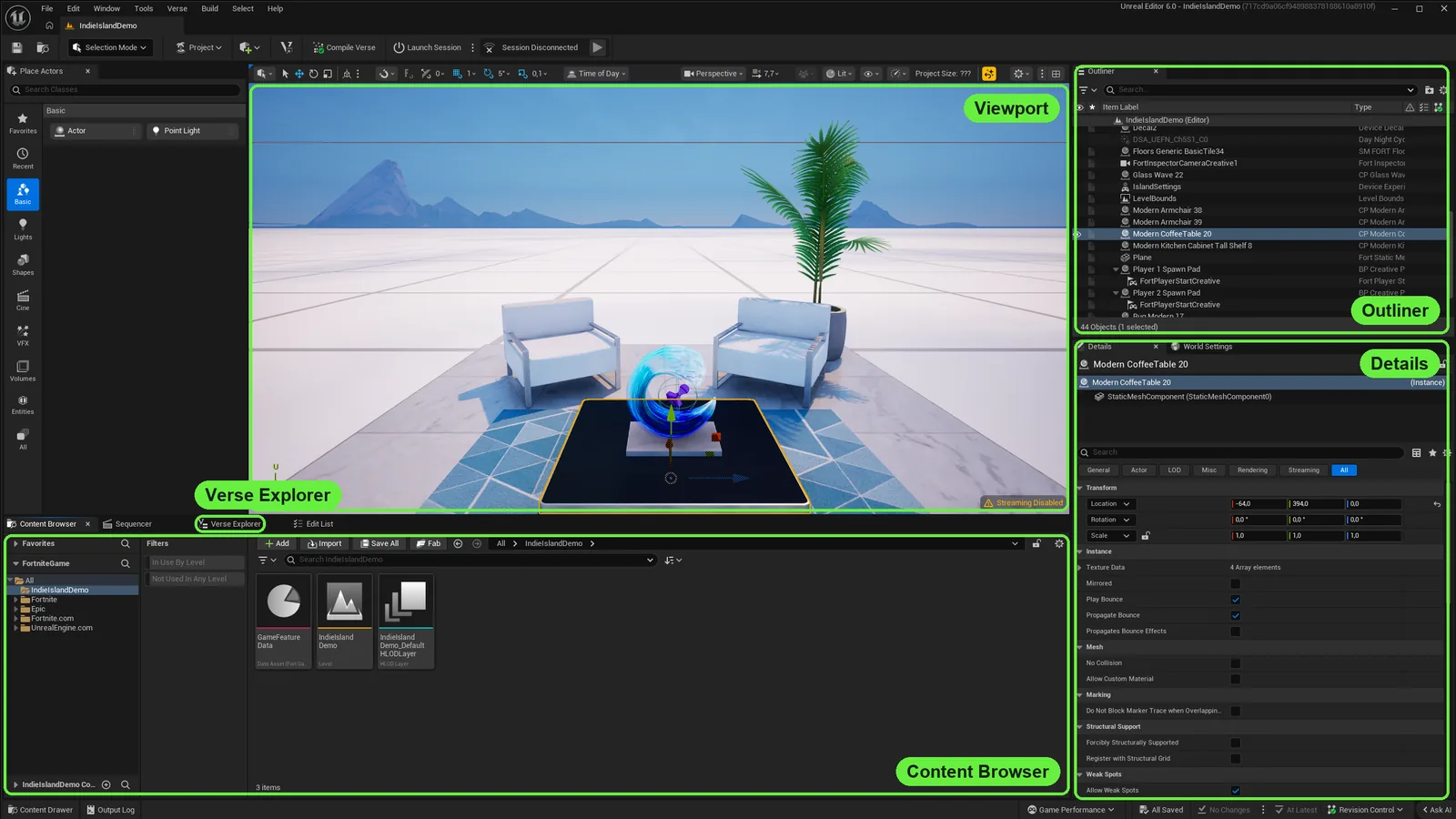 Annotated UEFN screenshot: Viewport, Outliner, Details, Content Browser, Verse Explorer labelled