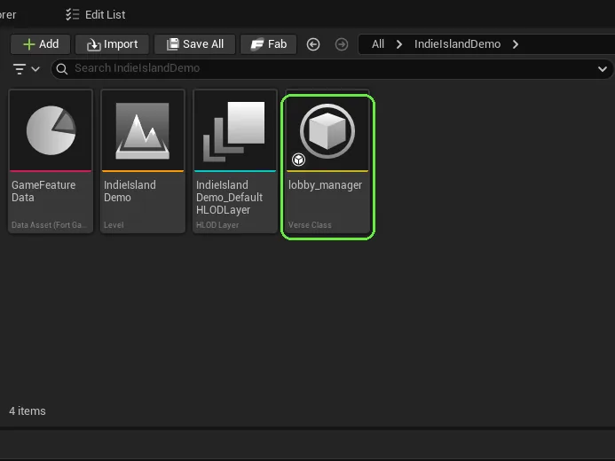Content Browser with the compiled Verse device in the project folder