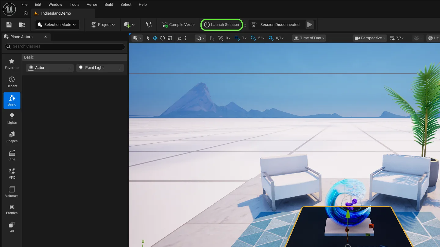 UEFN toolbar with the Launch Session button highlighted