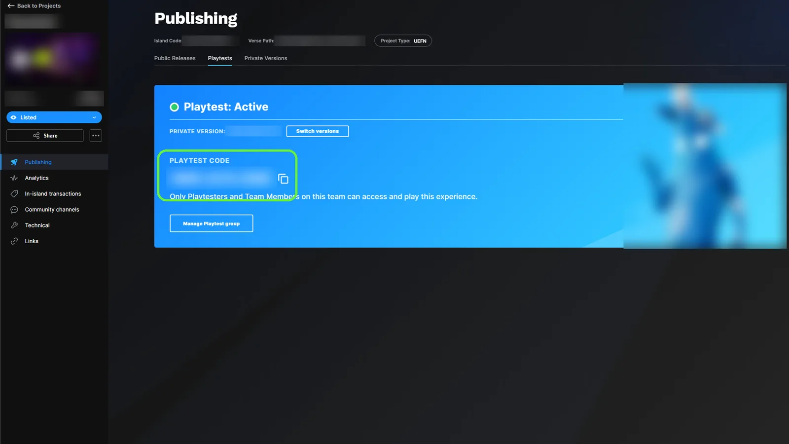 Creator Portal Playtests tab with a playtest island code