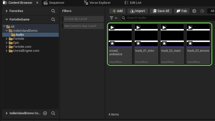 Content Browser with imported track files in an Audio folder
