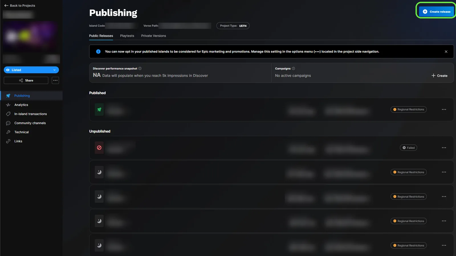 Creator Portal publishing page: releases with their review status, and the Create release button