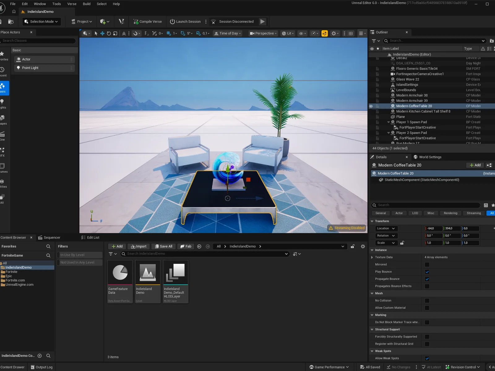 UEFN editor open on a fresh project: viewport, Outliner and Details panel visible